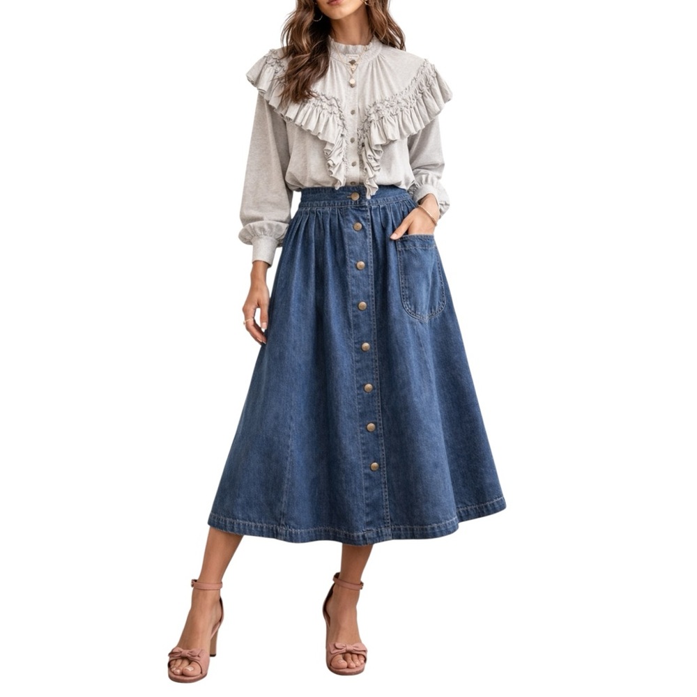 Vintage Blue Denim Midi Skirt Full Button Front Women’s 10 Cottagecore Prairie